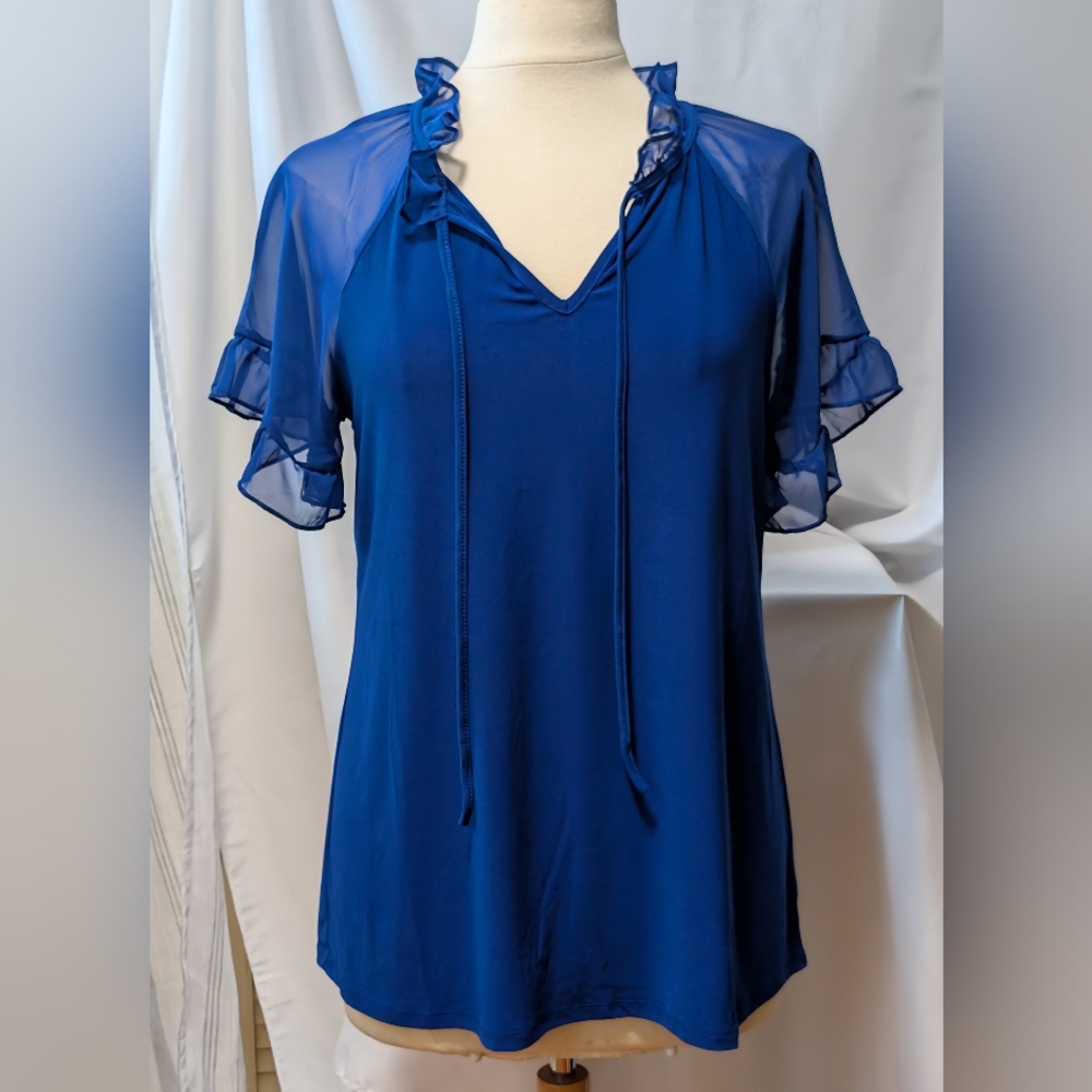 Sale Price Royal Blue Sheer Sleeve Pop Up Colar Women's blouse top. Zero 2 Eight - Picture 2 of 16